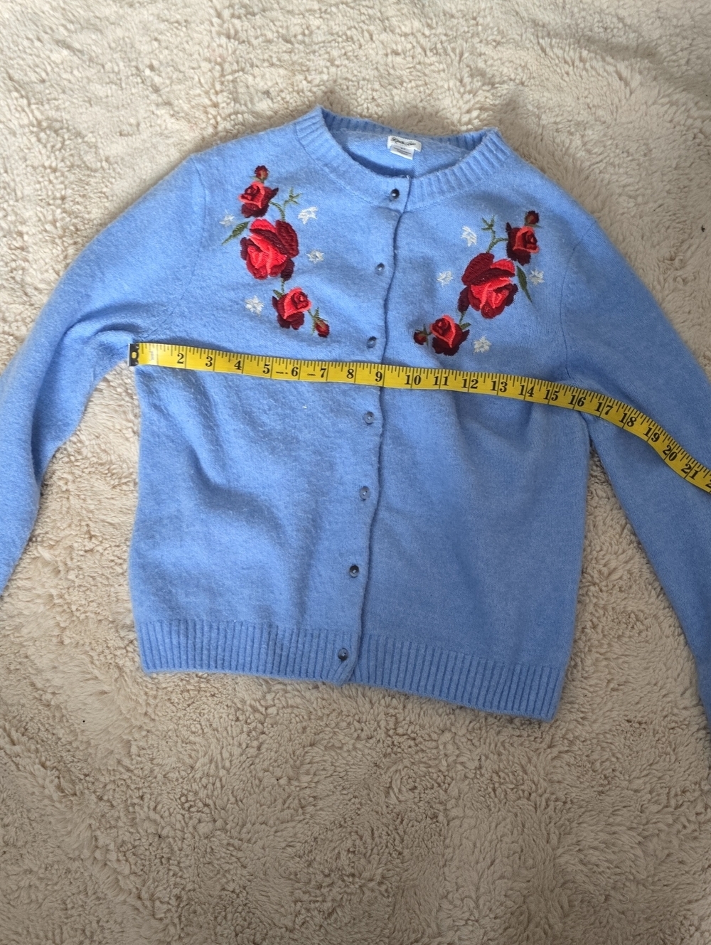 Kimchi Blue Light Blue Cardigan with Red Rose Embroidery